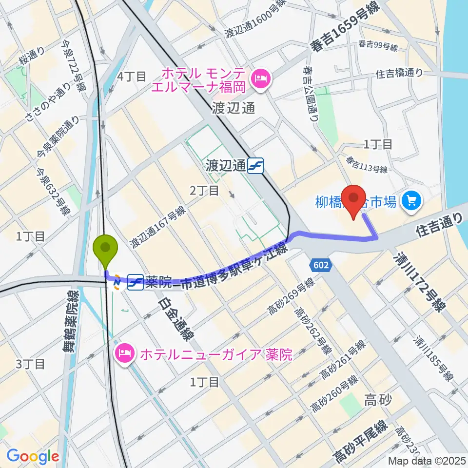 薬院駅から福岡HEACON LABOへのルートマップ地図