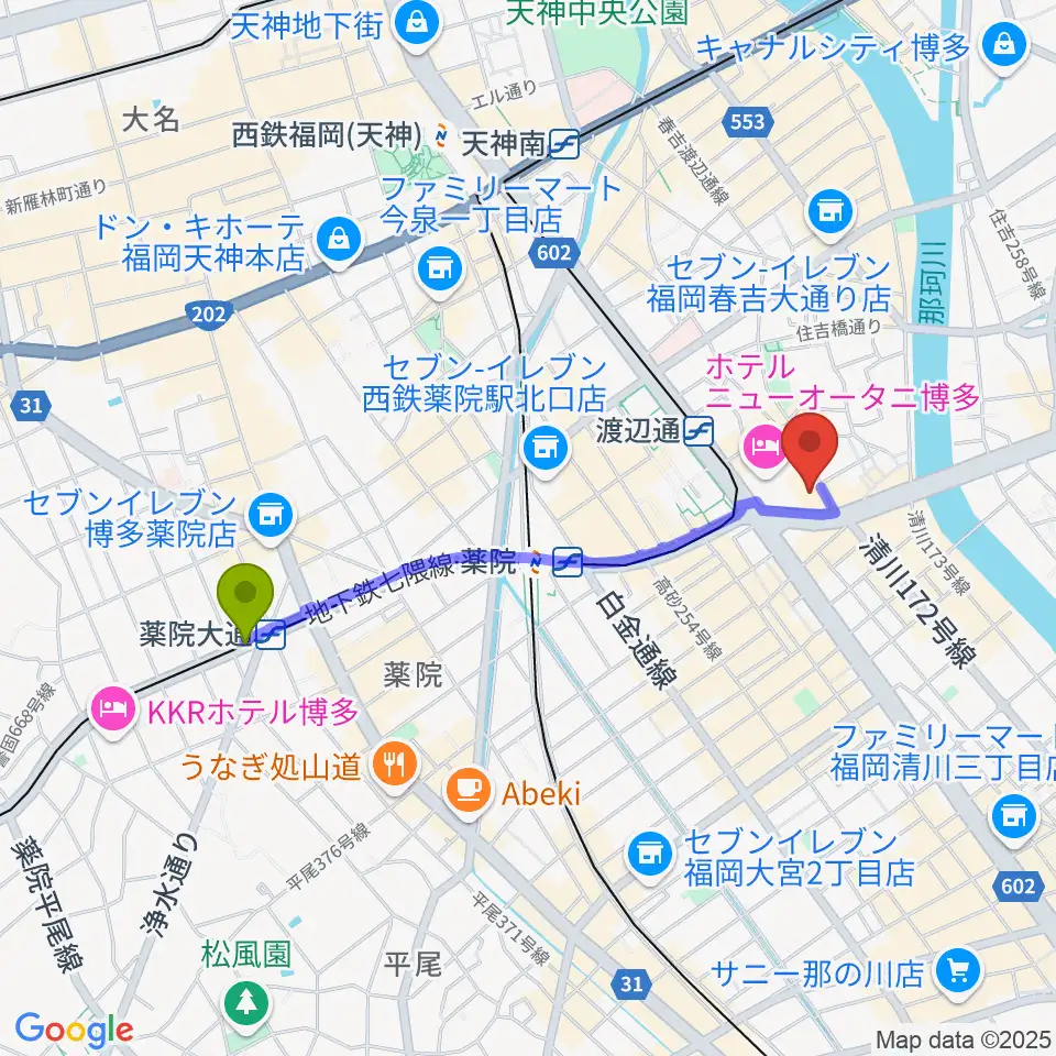薬院大通駅から福岡HEACON LABOへのルートマップ地図