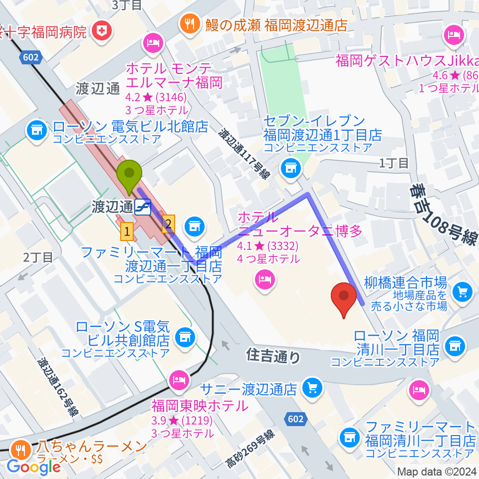 福岡HEACON LABOの最寄駅渡辺通駅からの徒歩ルート（約4分）地図