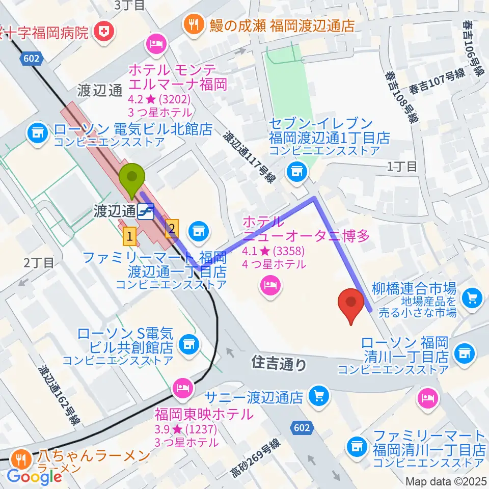 福岡HEACON LABOの最寄駅渡辺通駅からの徒歩ルート（約4分）地図