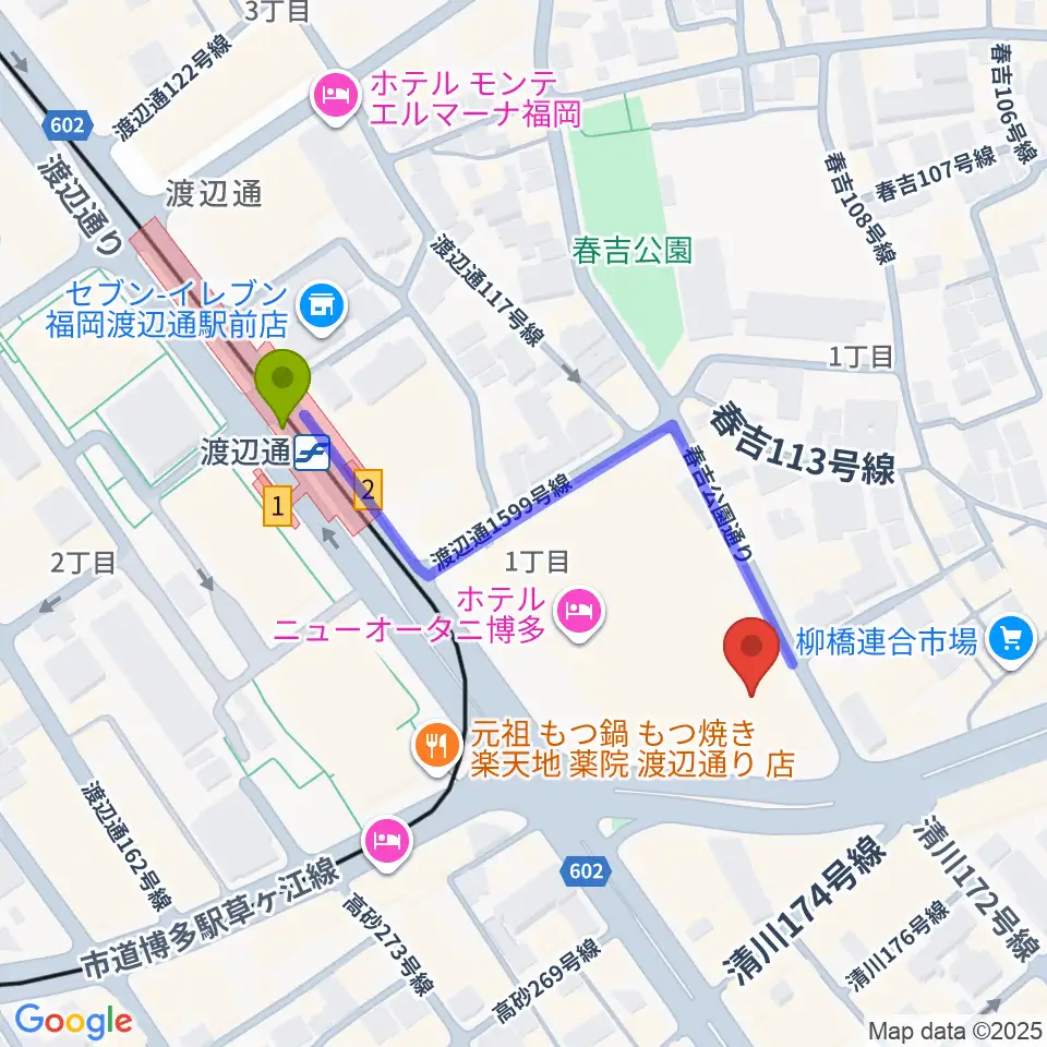 福岡HEACON LABOの最寄駅渡辺通駅からの徒歩ルート（約4分）地図