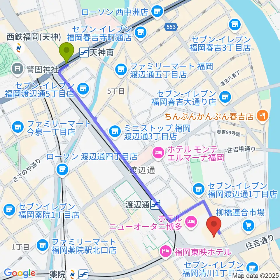 天神南駅から福岡HEACON LABOへのルートマップ地図