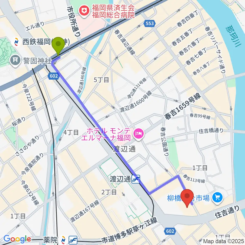 天神南駅から福岡HEACON LABOへのルートマップ地図