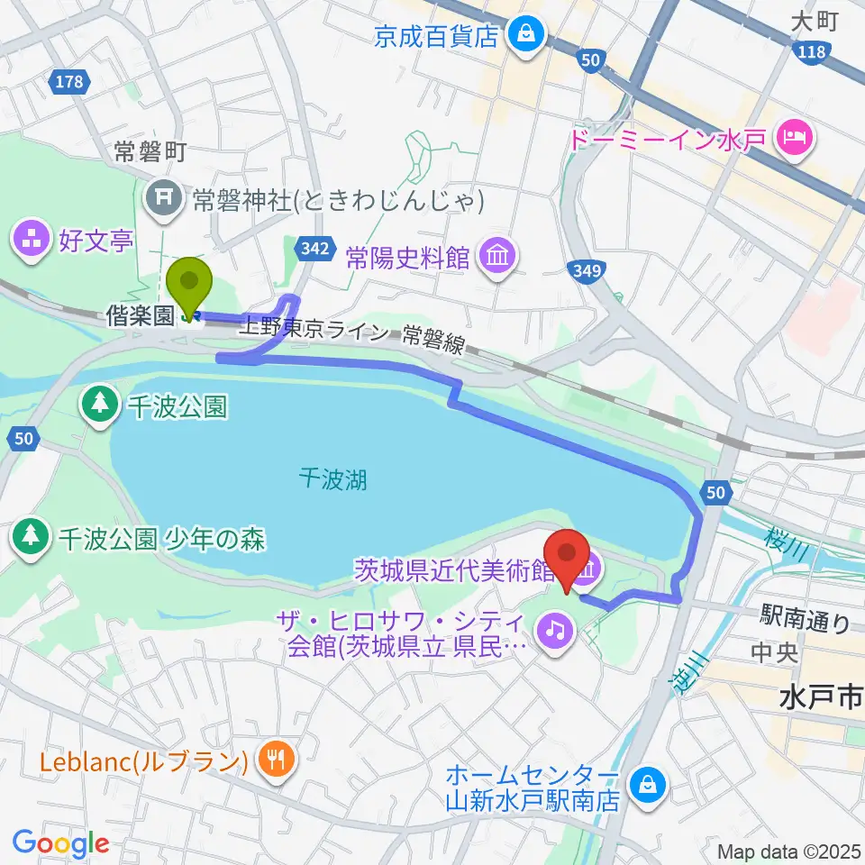 茨城県近代美術館の最寄駅偕楽園駅からの徒歩ルート（約17分）地図