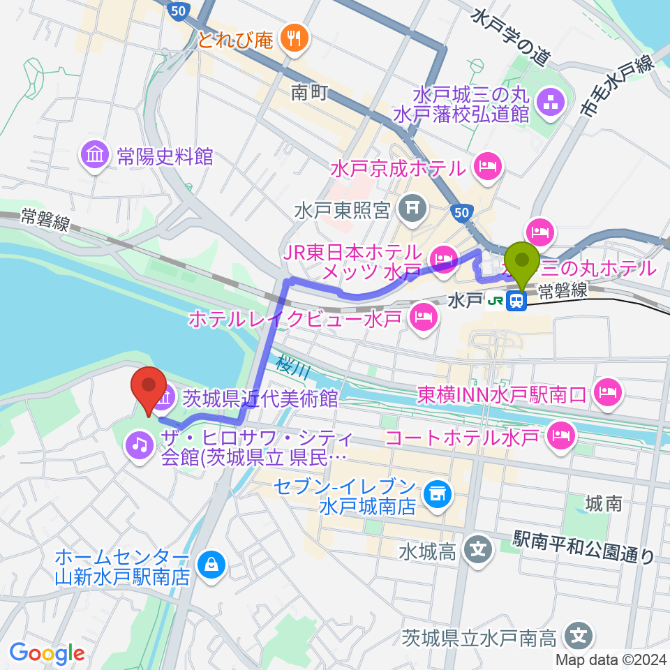 水戸駅から茨城県近代美術館へのルートマップ地図