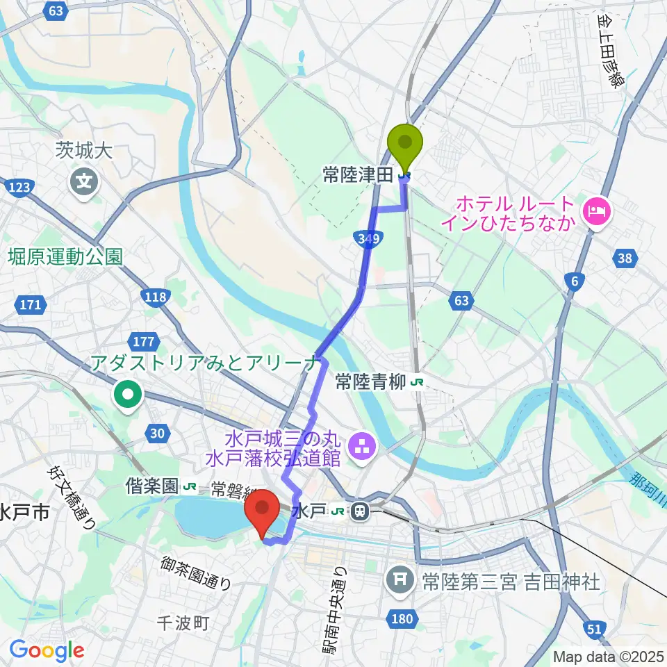 常陸津田駅から茨城県近代美術館へのルートマップ地図