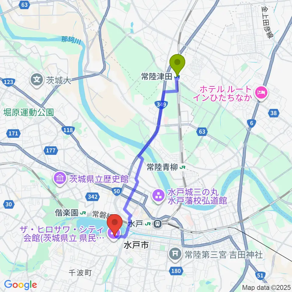常陸津田駅から茨城県近代美術館へのルートマップ地図