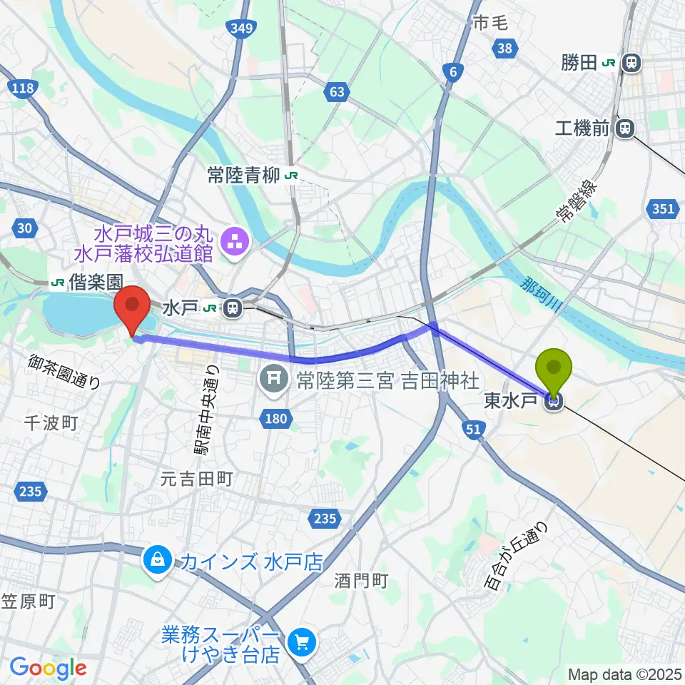 東水戸駅から茨城県近代美術館へのルートマップ地図