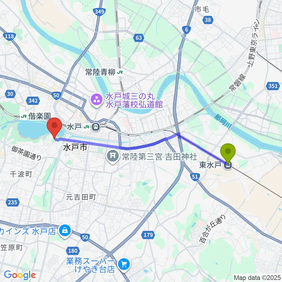 東水戸駅から茨城県近代美術館へのルートマップ地図