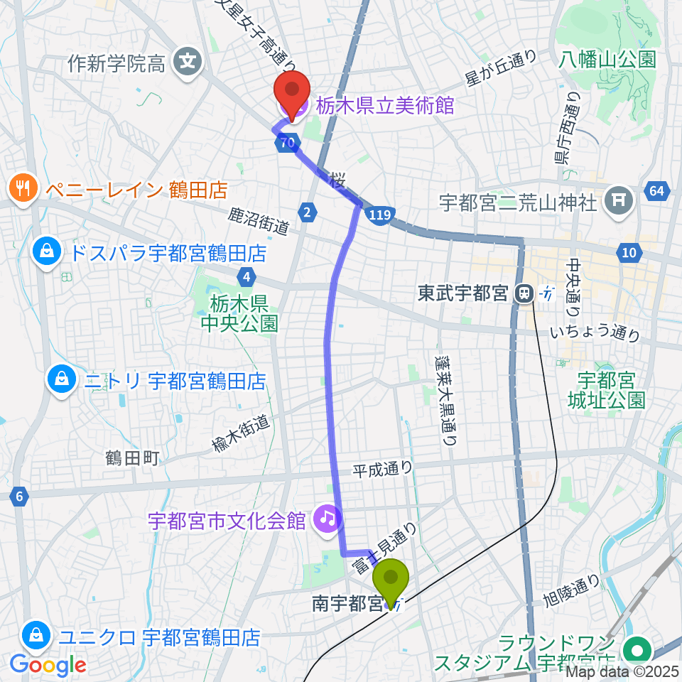 南宇都宮駅から栃木県立美術館へのルートマップ地図