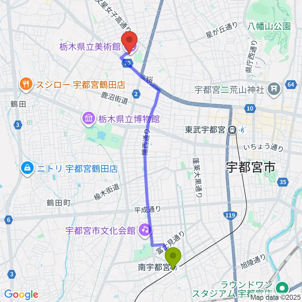 南宇都宮駅から栃木県立美術館へのルートマップ地図