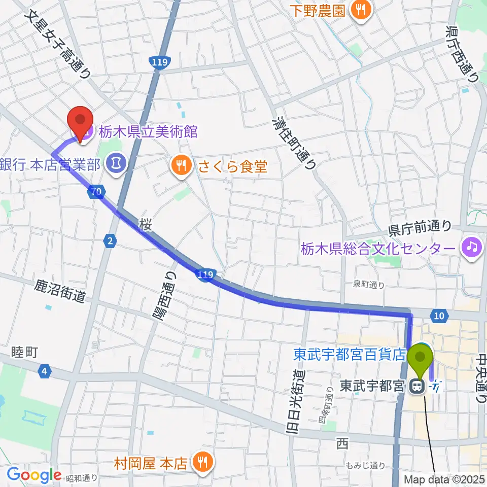 栃木県立美術館の最寄駅東武宇都宮駅からの徒歩ルート（約26分）地図