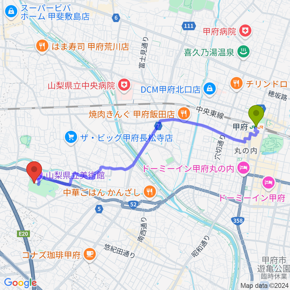 甲府駅から山梨県立美術館へのルートマップ地図