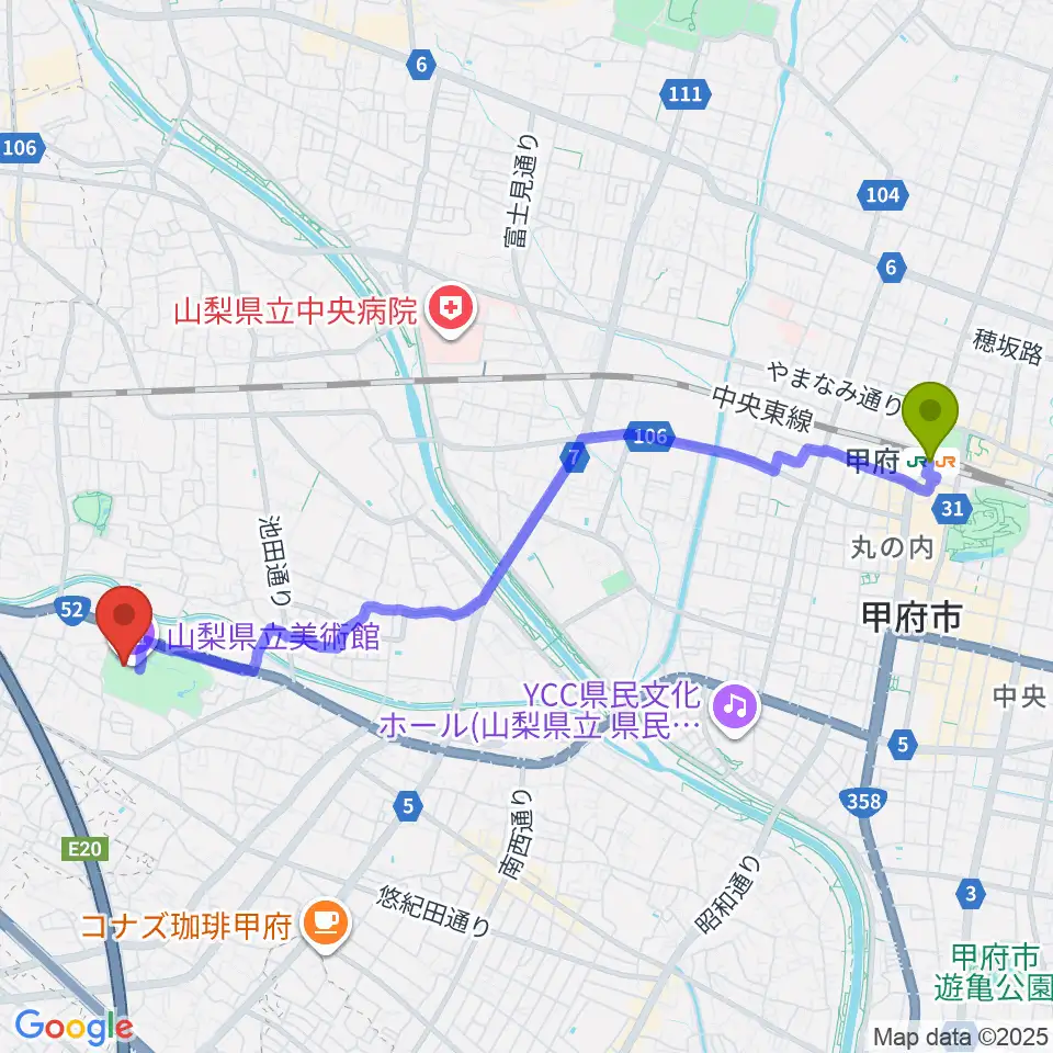 甲府駅から山梨県立美術館へのルートマップ地図