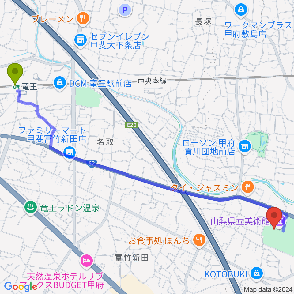 山梨県立美術館の最寄駅竜王駅からの徒歩ルート（約31分）地図