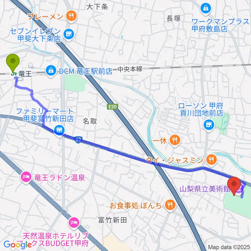 山梨県立美術館の最寄駅竜王駅からの徒歩ルート（約31分）地図