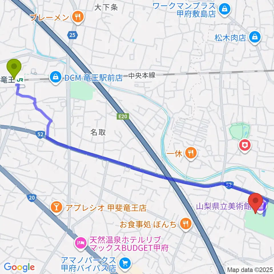 山梨県立美術館の最寄駅竜王駅からの徒歩ルート（約31分）地図