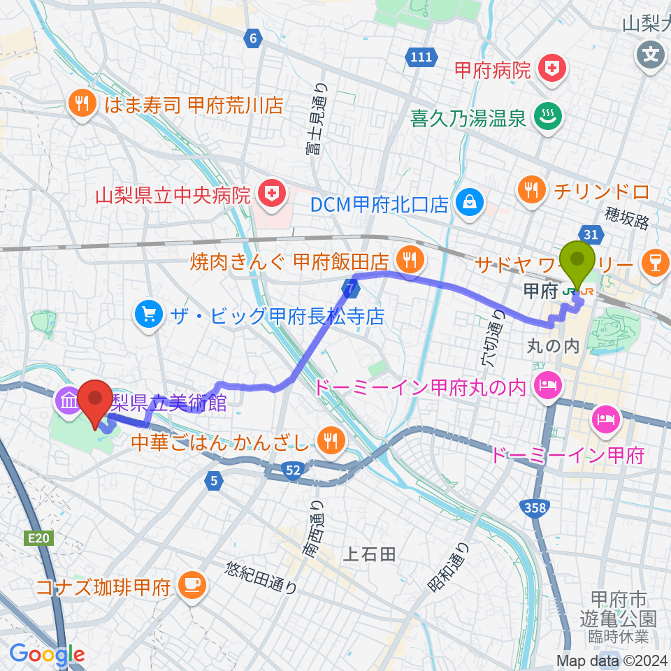 甲府駅から山梨県立文学館へのルートマップ地図