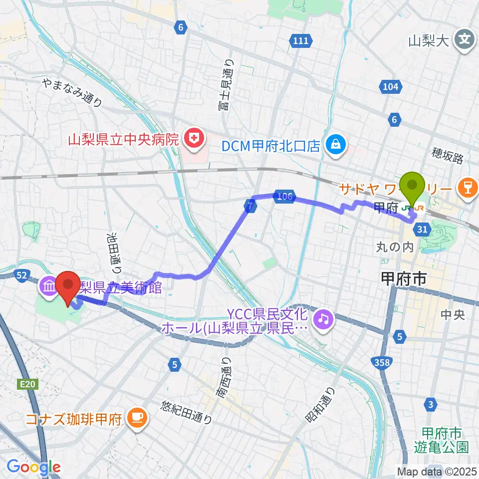 甲府駅から山梨県立文学館へのルートマップ地図