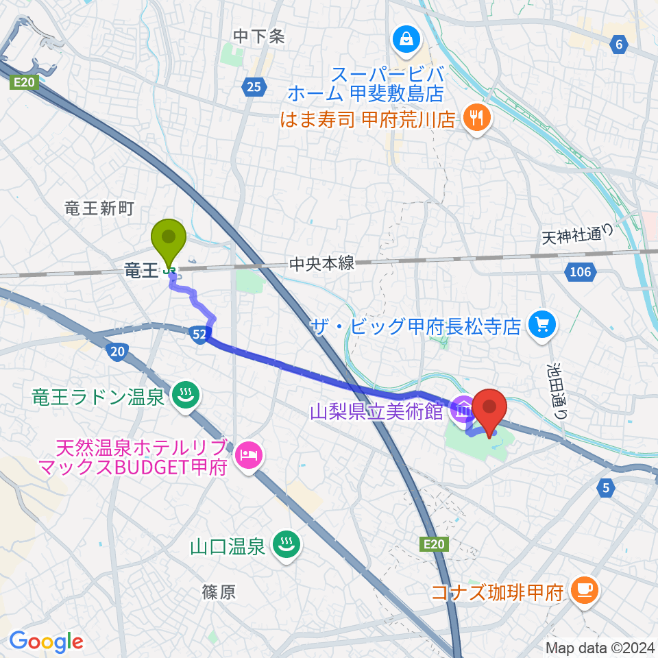 山梨県立文学館の最寄駅竜王駅からの徒歩ルート（約34分）地図