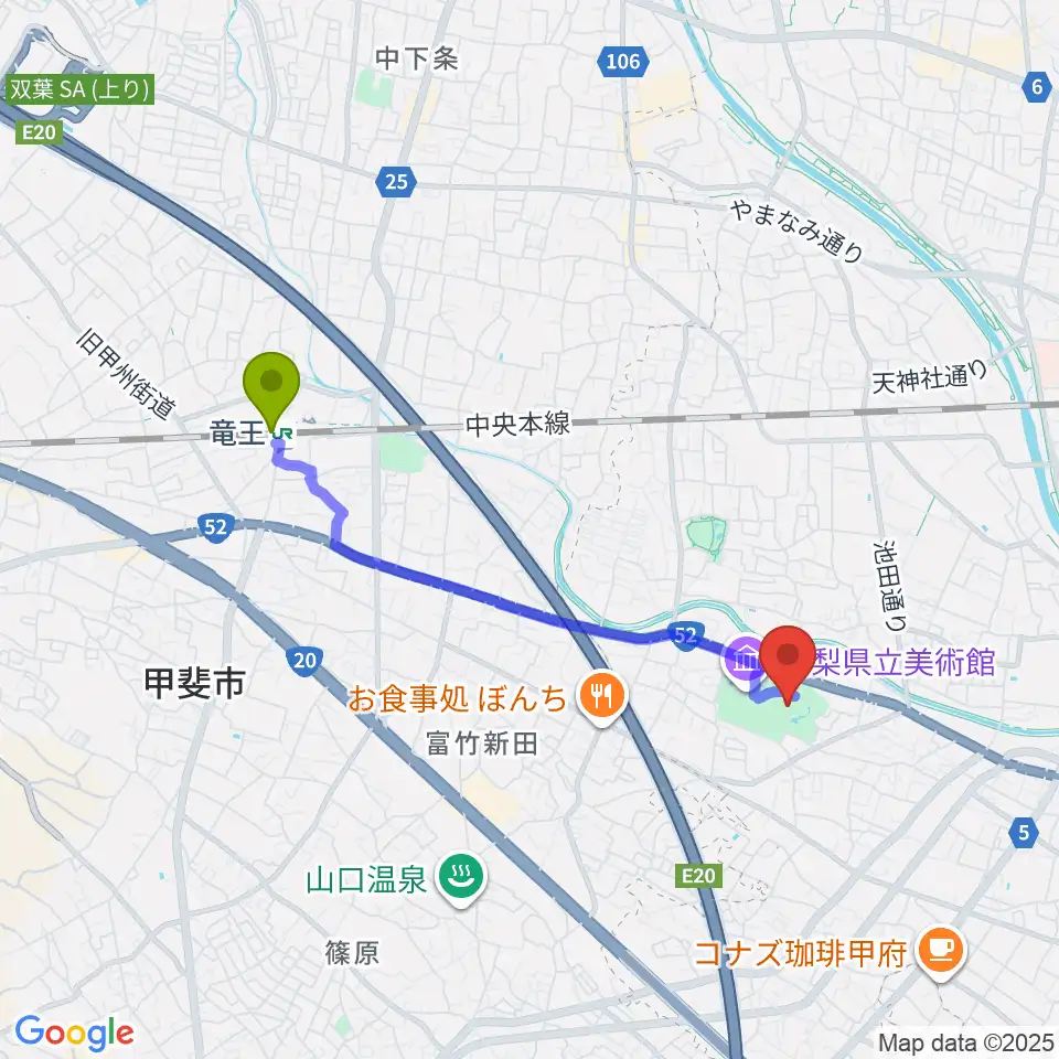山梨県立文学館の最寄駅竜王駅からの徒歩ルート（約34分）地図