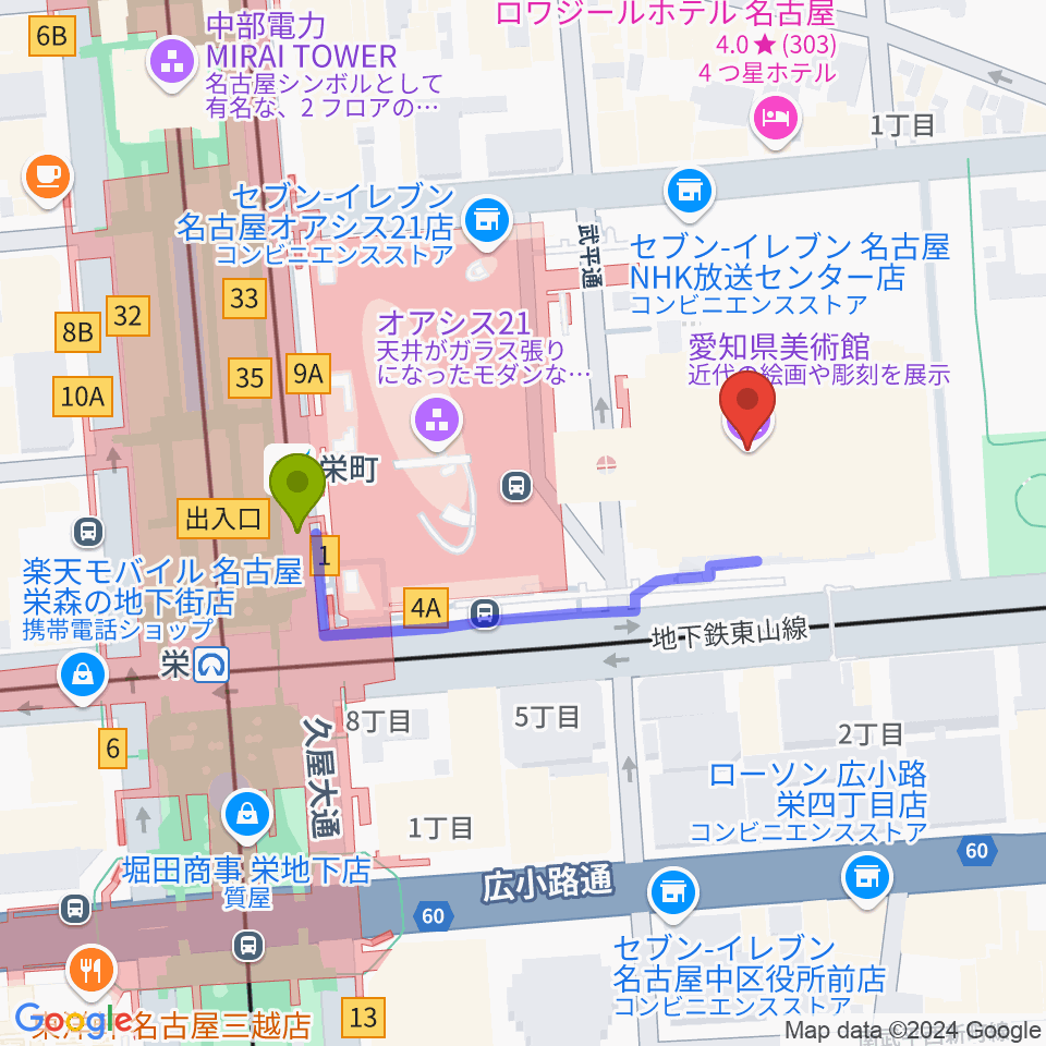 愛知県美術館の最寄駅栄町駅からの徒歩ルート（約3分）地図