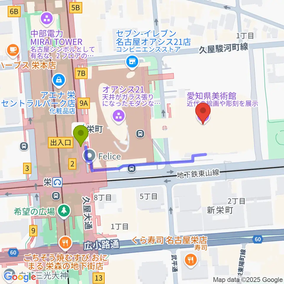 愛知県美術館の最寄駅栄町駅からの徒歩ルート（約3分）地図