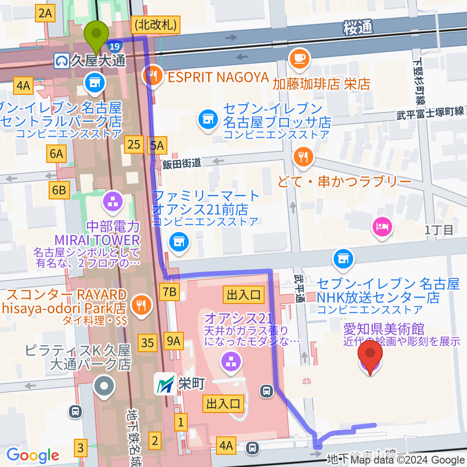 久屋大通駅から愛知県美術館へのルートマップ地図