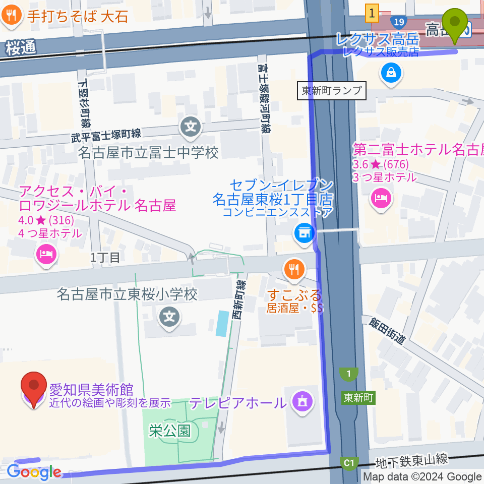 高岳駅から愛知県美術館へのルートマップ地図