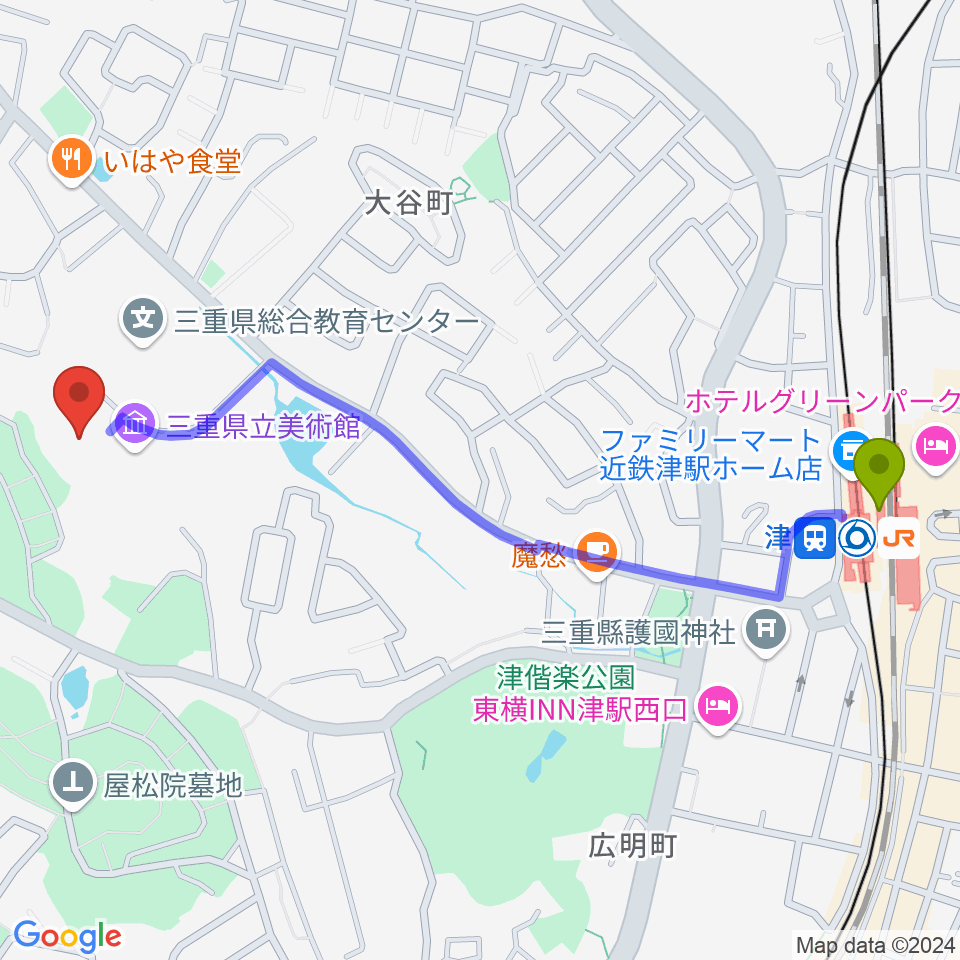 三重県立美術館の最寄駅津駅からの徒歩ルート（約13分）地図