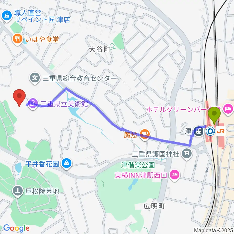 三重県立美術館の最寄駅津駅からの徒歩ルート（約13分）地図
