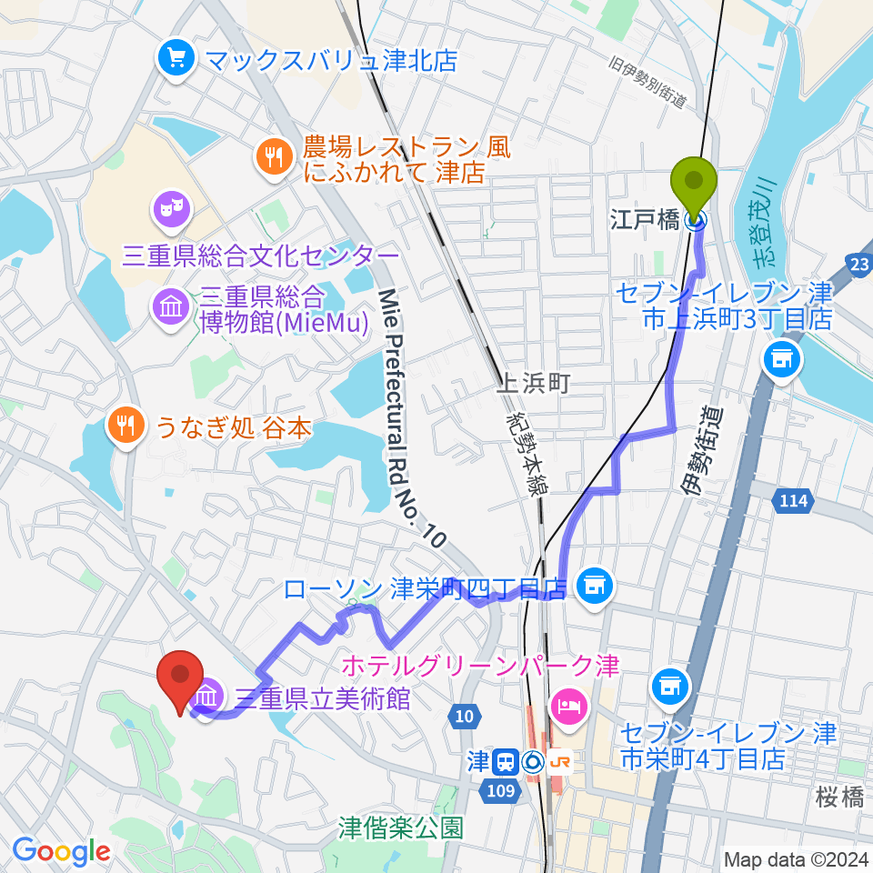 江戸橋駅から三重県立美術館へのルートマップ地図