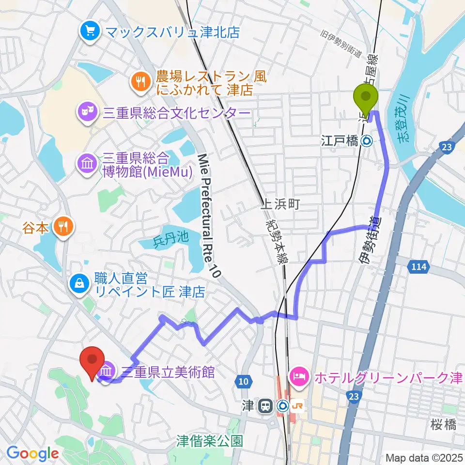 江戸橋駅から三重県立美術館へのルートマップ地図