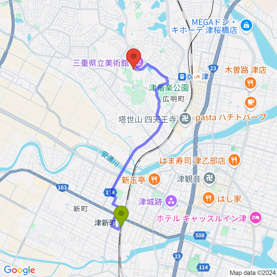 津新町駅から三重県立美術館へのルートマップ地図