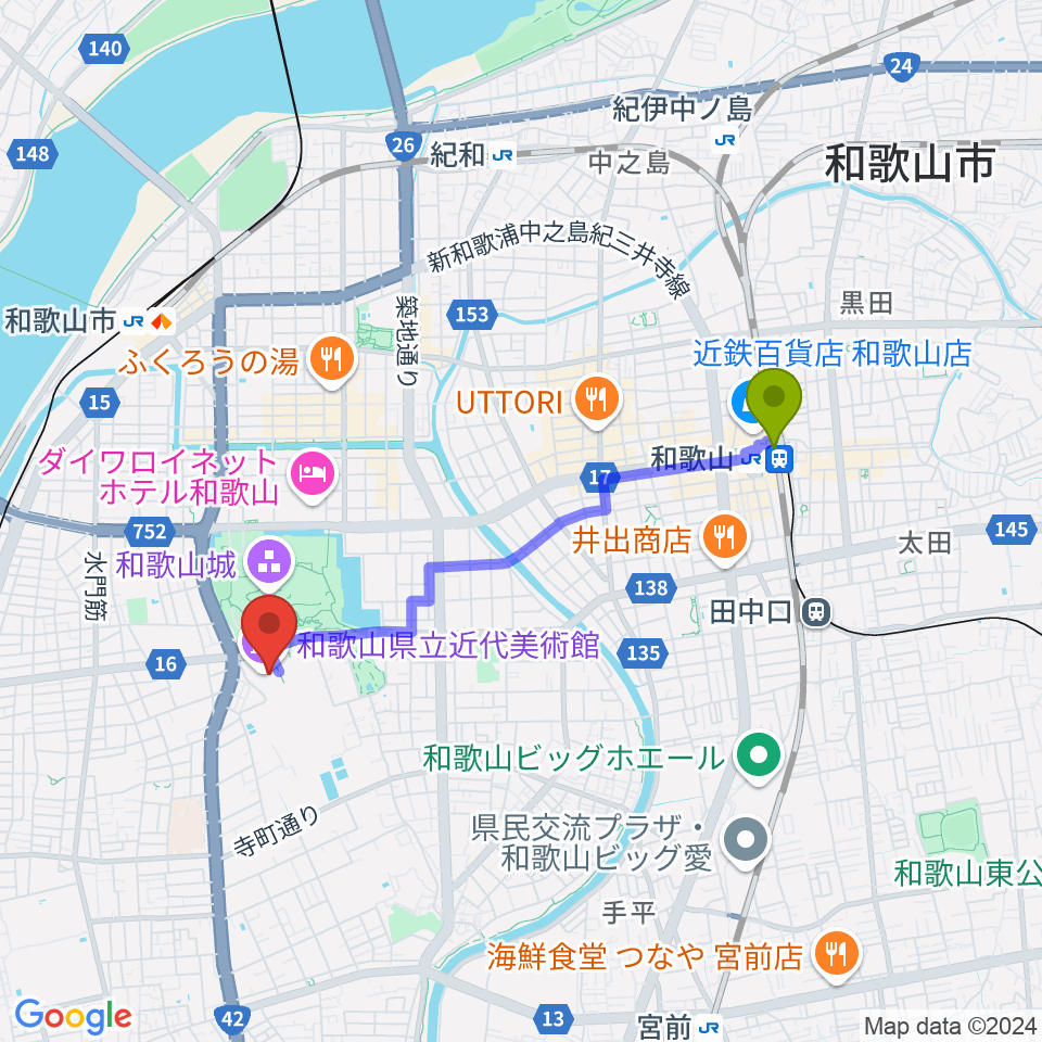 和歌山駅から和歌山県立近代美術館へのルートマップ地図