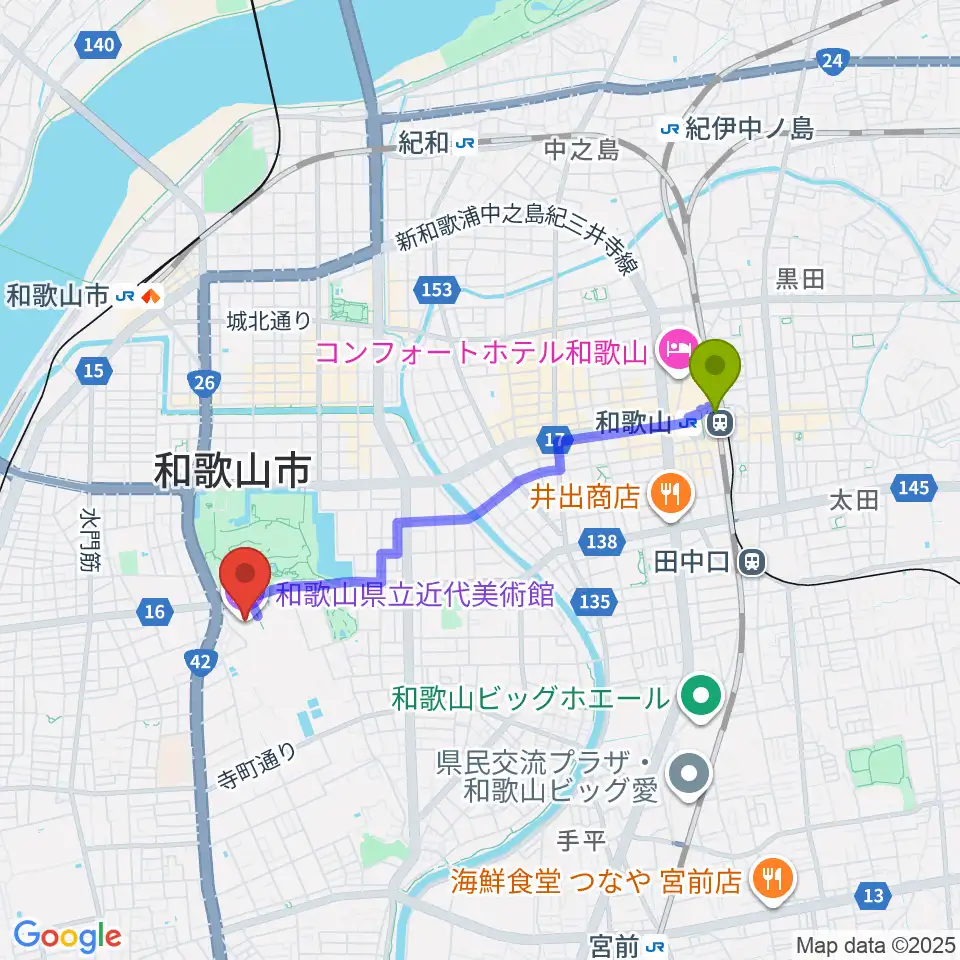 和歌山駅から和歌山県立近代美術館へのルートマップ地図