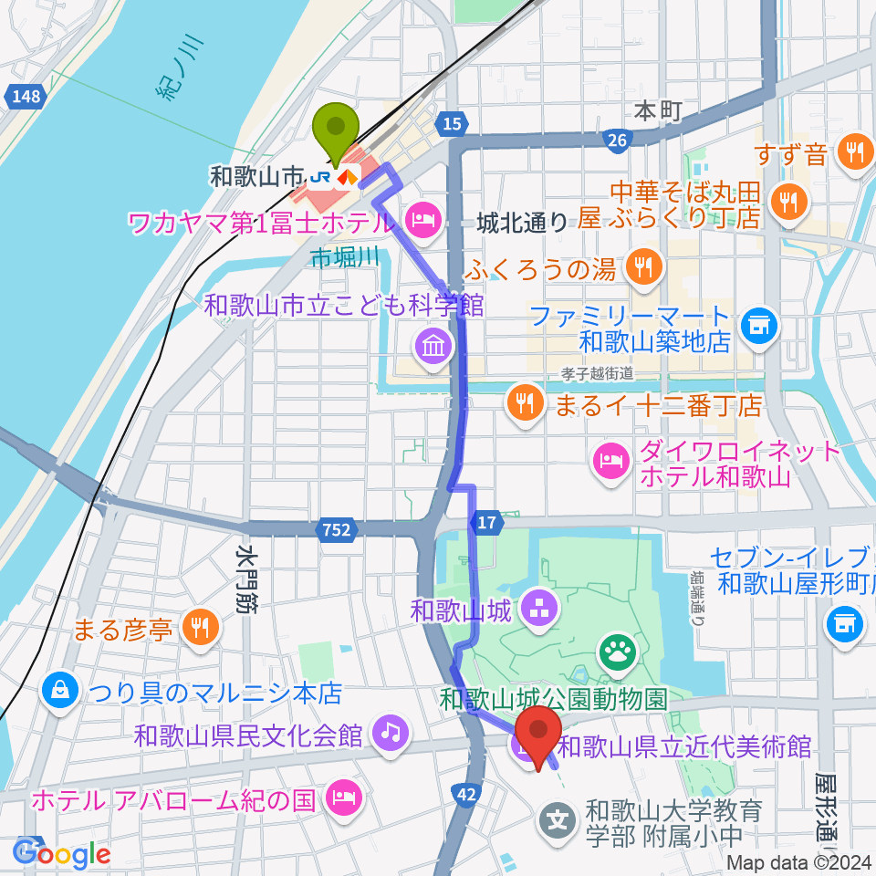 和歌山県立近代美術館の最寄駅和歌山市駅からの徒歩ルート（約23分）地図