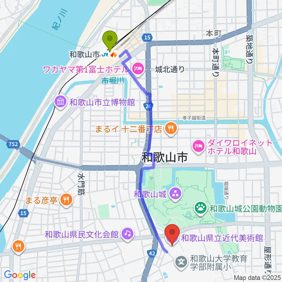 和歌山県立近代美術館の最寄駅和歌山市駅からの徒歩ルート（約23分）地図