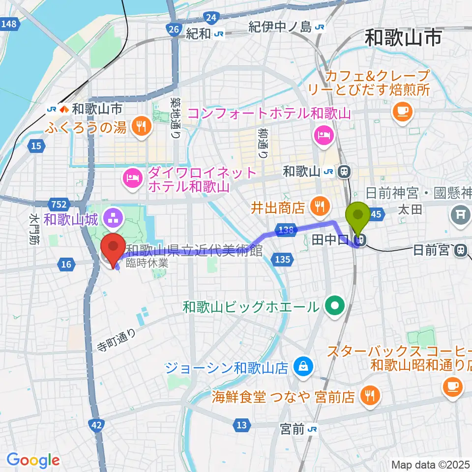 田中口駅から和歌山県立近代美術館へのルートマップ地図