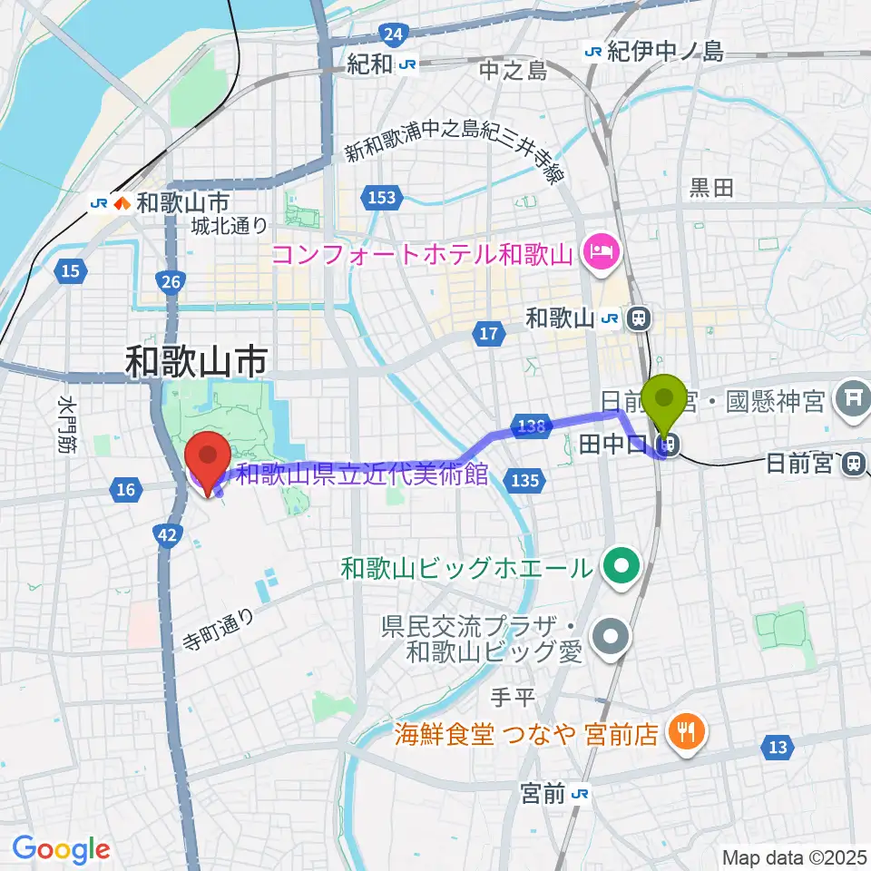 田中口駅から和歌山県立近代美術館へのルートマップ地図