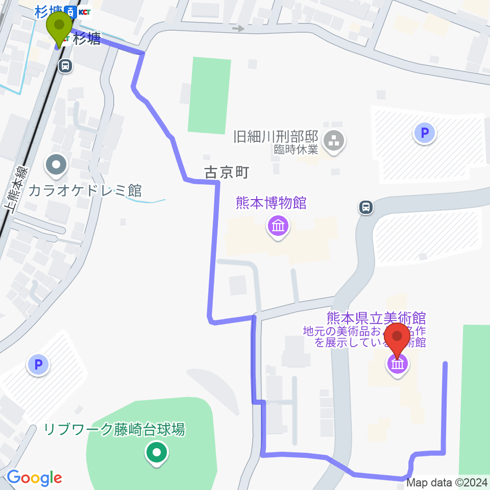 熊本県立美術館の最寄駅杉塘駅からの徒歩ルート（約8分）地図