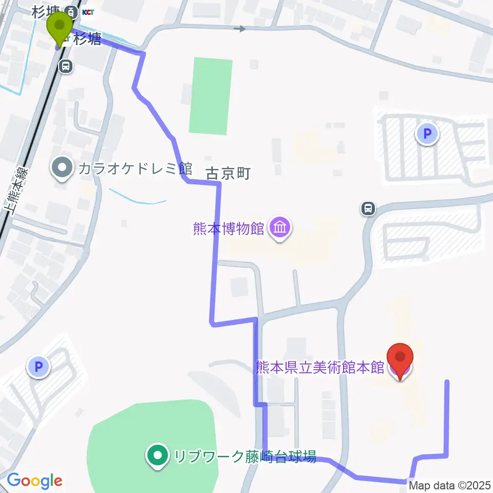 熊本県立美術館の最寄駅杉塘駅からの徒歩ルート（約8分）地図