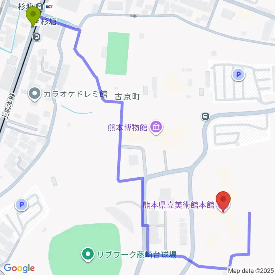 熊本県立美術館の最寄駅杉塘駅からの徒歩ルート（約8分）地図