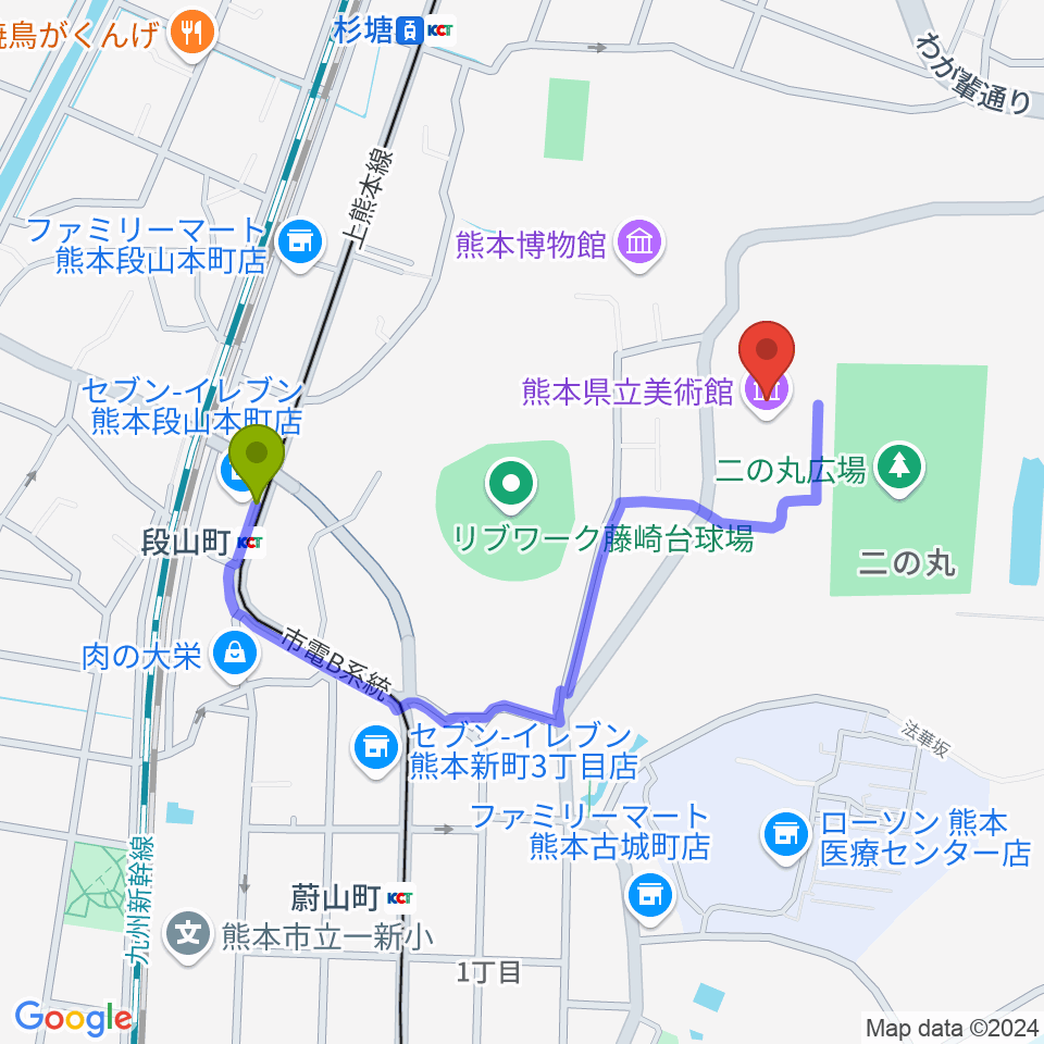段山町駅から熊本県立美術館へのルートマップ地図