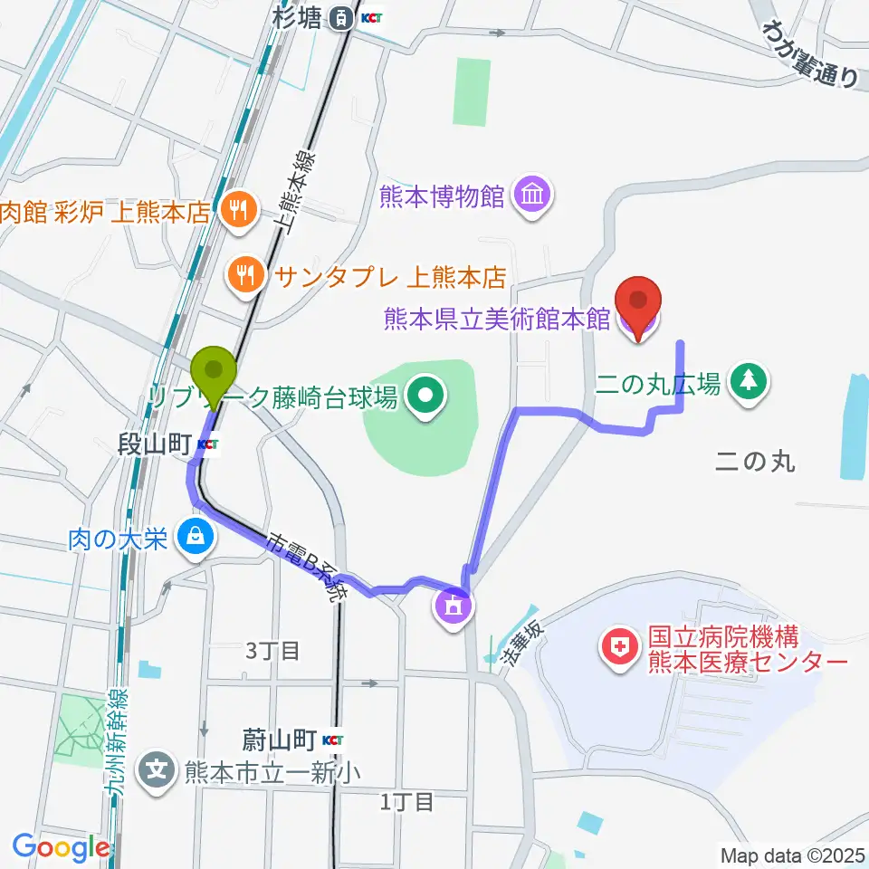 段山町駅から熊本県立美術館へのルートマップ地図