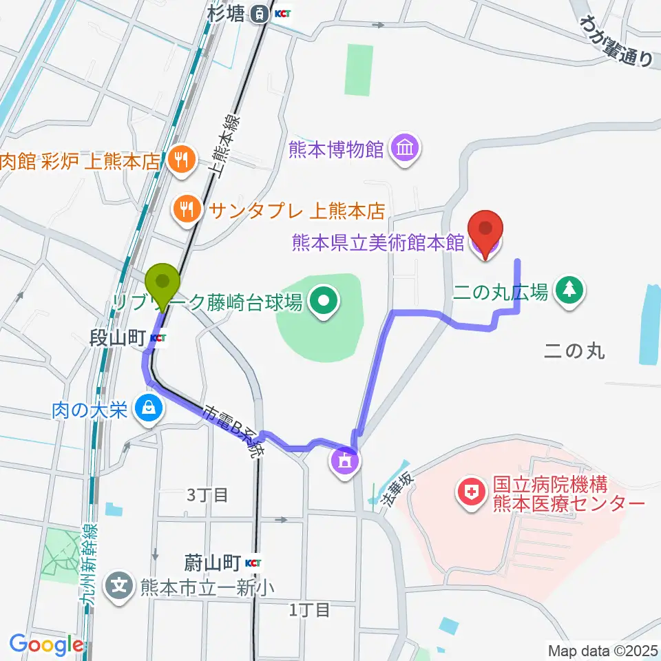 段山町駅から熊本県立美術館へのルートマップ地図