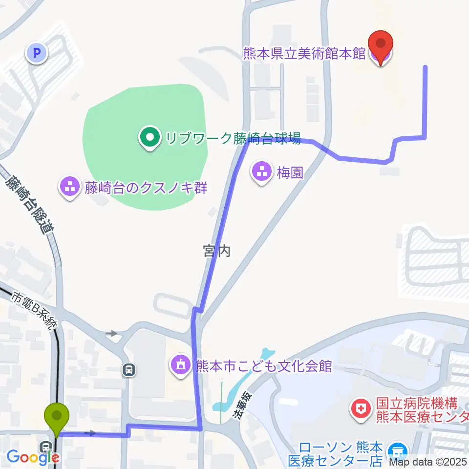 蔚山町駅から熊本県立美術館へのルートマップ地図