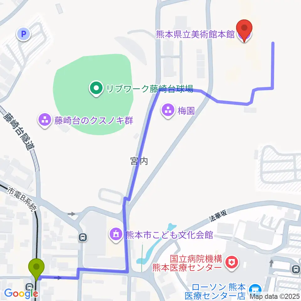 蔚山町駅から熊本県立美術館へのルートマップ地図
