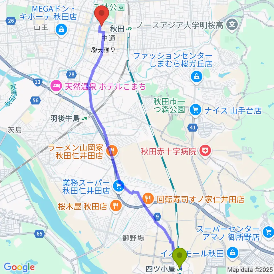 四ツ小屋駅から秋田県立美術館へのルートマップ地図