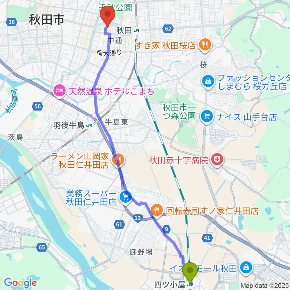 四ツ小屋駅から秋田県立美術館へのルートマップ地図